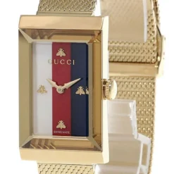 GUCCI G-Frame Quartz White, Red, Blue MOP Dial Gold PVD Watch YA147410