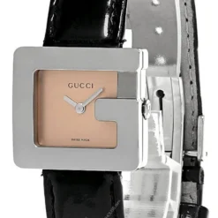 GUCCI G SS Salmon Pink Dial Black Leather Women's Watch 3600L-0212505
